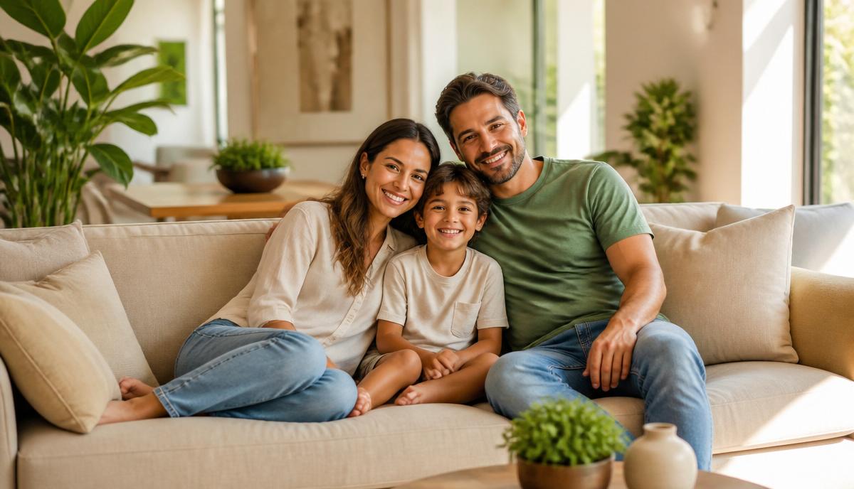 Família feliz sentada em um sofá limpo e higienizado em uma sala iluminada
