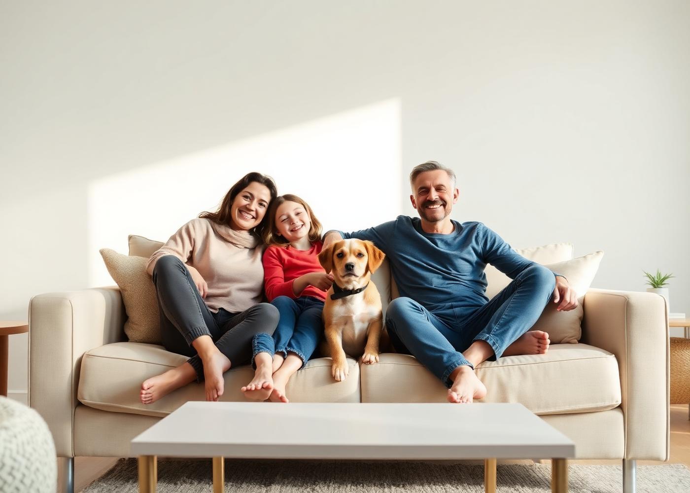Família com criança e cachorro em um sofá limpo em ambiente iluminado